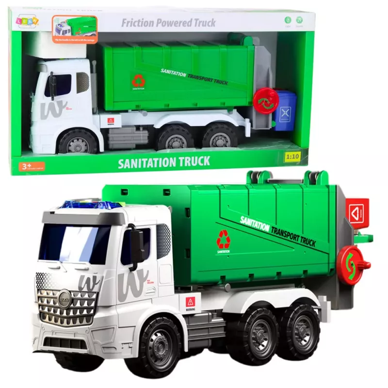 LEAN TOYS Großer Müllwagen mit Hebefunktion, 2 Behälter, Lichter, Geräusche, Grün, 1:10