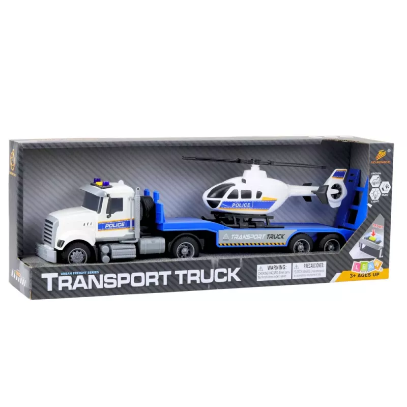 LEAN TOYS Polizei-Transport-LKW mit Hubschrauber Licht- und Sound-Set