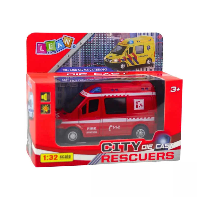 LEAN TOYS Feuerwehrauto Metall Pull-Back Motor Lichter Geräusche Rot 1:32