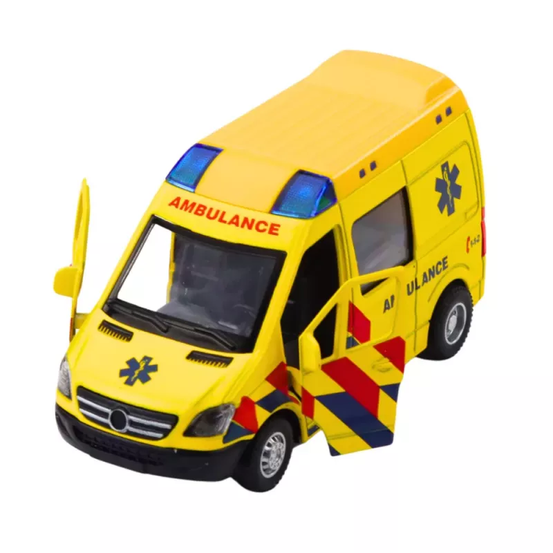 LEAN TOYS Krankenwagen Metall Pull-Back motorisiert Lichter Geräusche Gelb 1:32