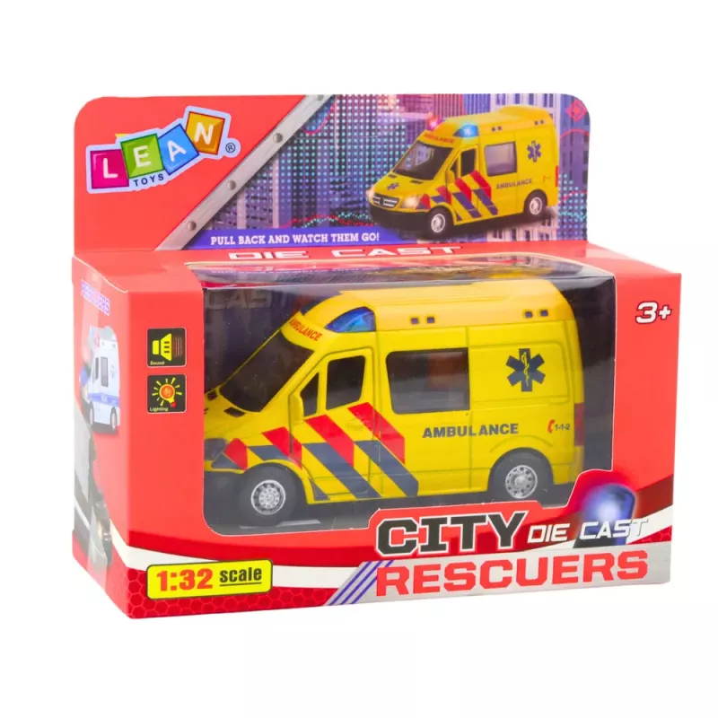 LEAN TOYS Krankenwagen Metall Pull-Back motorisiert Lichter Geräusche Gelb 1:32
