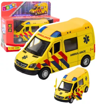 LEAN TOYS Krankenwagen Metall Pull-Back motorisiert Lichter Geräusche Gelb 1:32