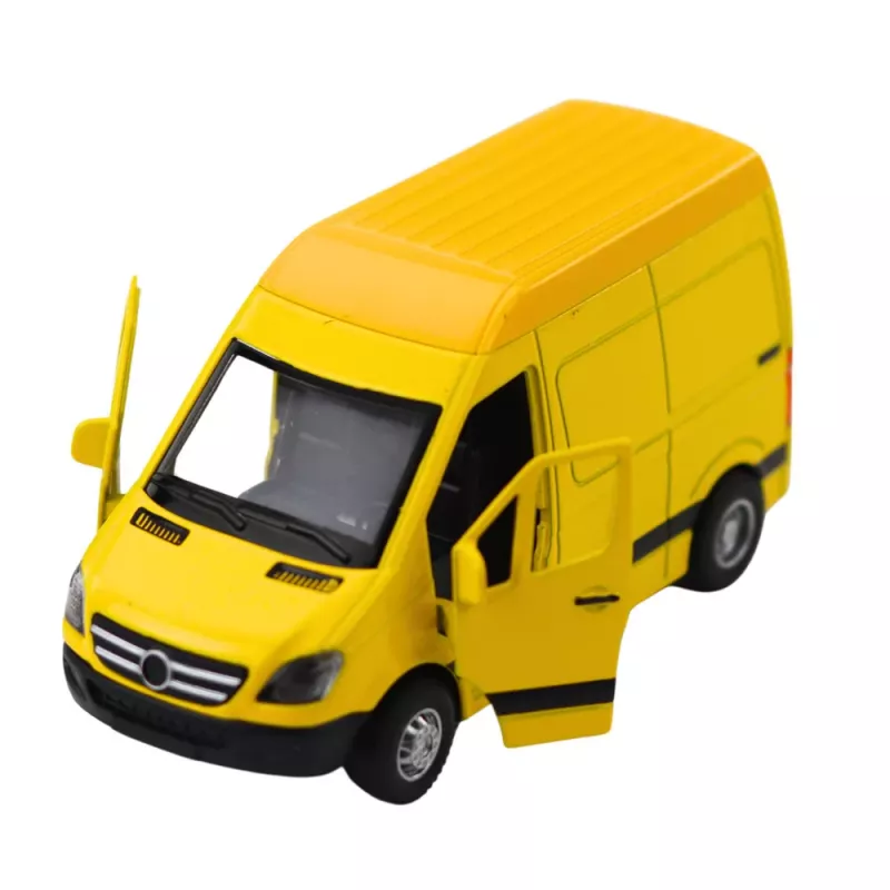 LEAN TOYS Metall-Lieferwagen mit Rückziehmotor, Licht und Sound, Gelb, Maßstab 1:32