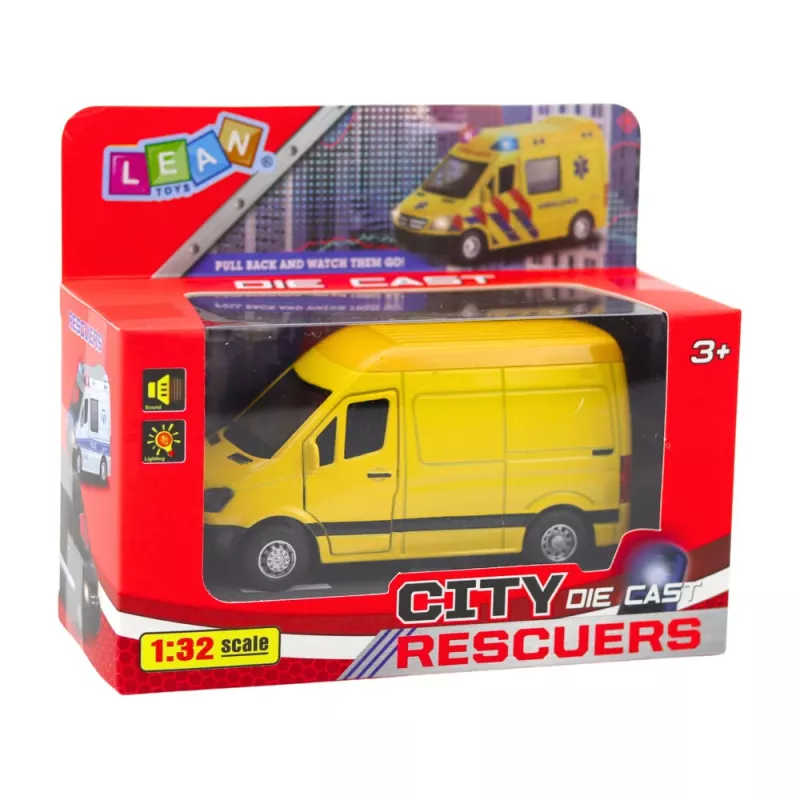 LEAN TOYS Metall-Lieferwagen mit Rückziehmotor, Licht und Sound, Gelb, Maßstab 1:32