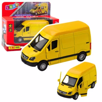 LEAN TOYS Metall-Lieferwagen mit Rückziehmotor, Licht und Sound, Gelb, Maßstab 1:32