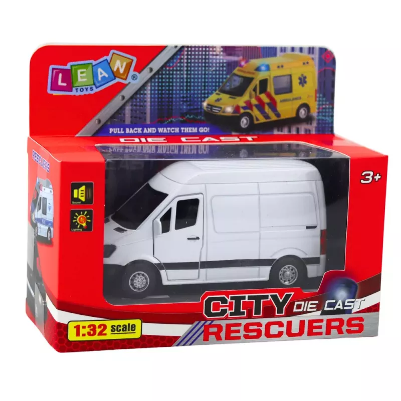 LEAN TOYS Metall-Lieferwagen mit Rückziehmotor, Lichtern, Geräuschen, Weiß 1:32