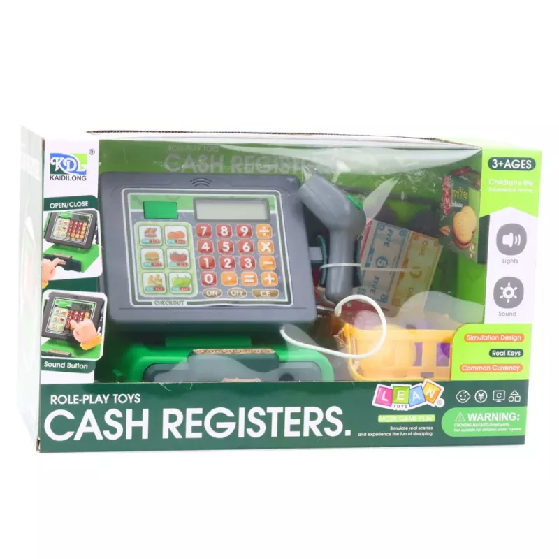 LEAN TOYS Registrierkasse für Kinder mit Zubehör, Korb, Obst, Lichter, Geräusche, Grün