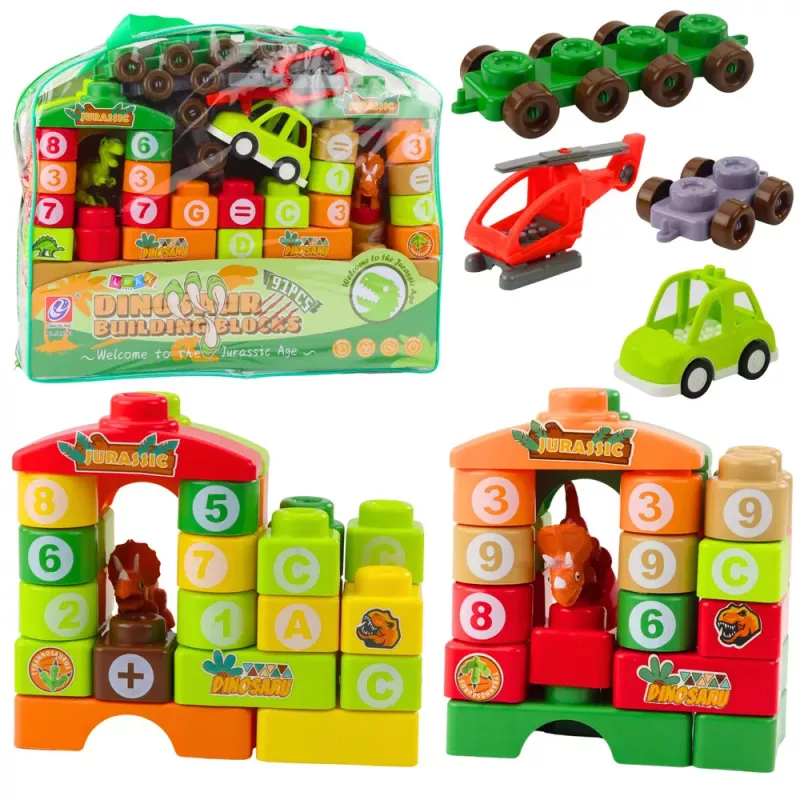 LEAN TOYS Pädagogische Bausteine im Beutel Dinosaurier Zahlen Buchstaben 91 Stk.