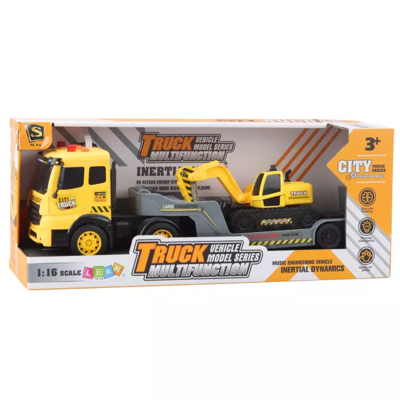 LEAN TOYS Abschleppwagen mit Raupenbagger, 360° drehbar, Gelb, 1:16