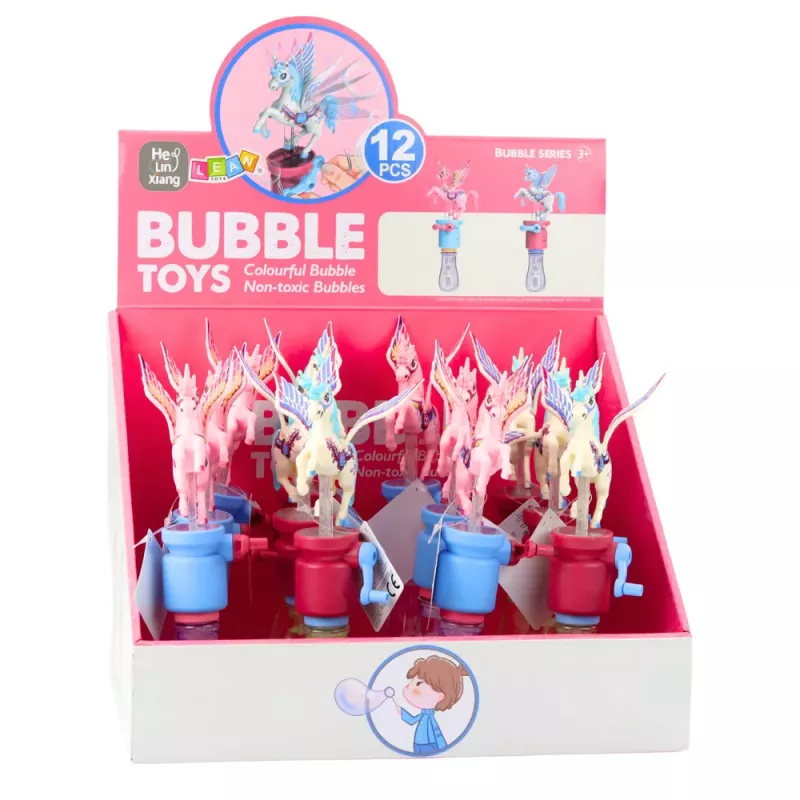 LEAN TOYS Seifenblasen Einhorn mit beweglichen Flügeln Kurbel 23cm Mix