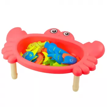 LEAN TOYS Angel-Set: Krabbentisch, 10 Fische, Angelrute, Sieb, Pink