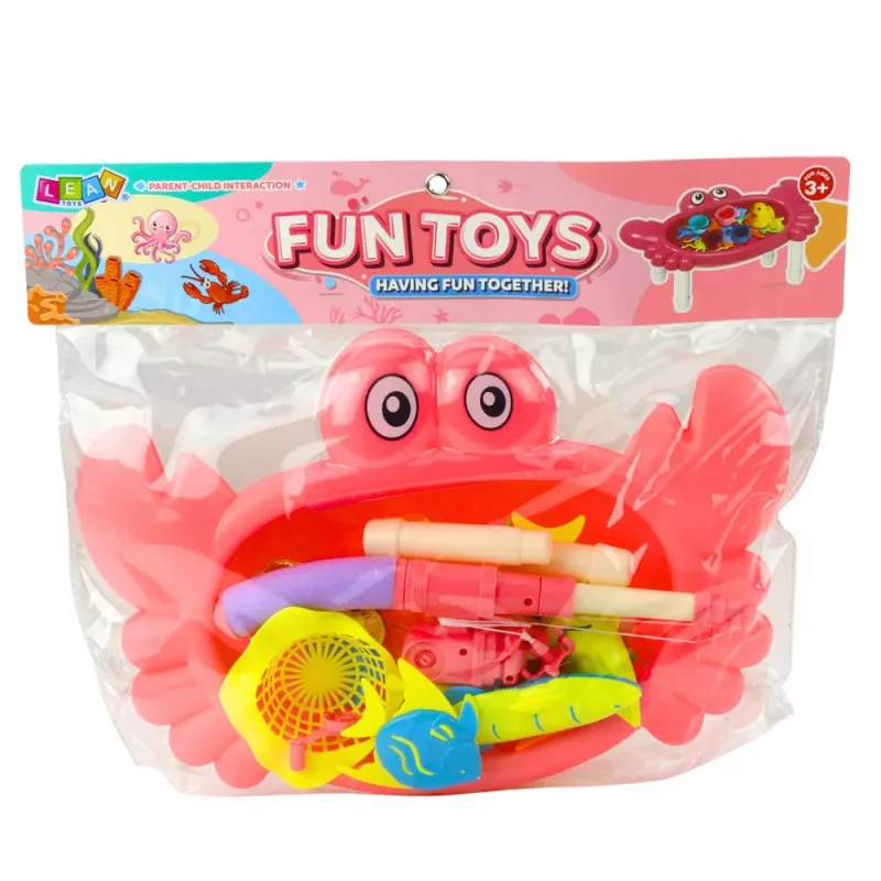 LEAN TOYS Angel-Set: Krabbentisch, 10 Fische, Angelrute, Sieb, Pink