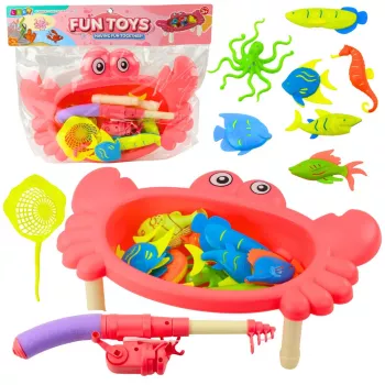 LEAN TOYS Angel-Set: Krabbentisch, 10 Fische, Angelrute, Sieb, Pink
