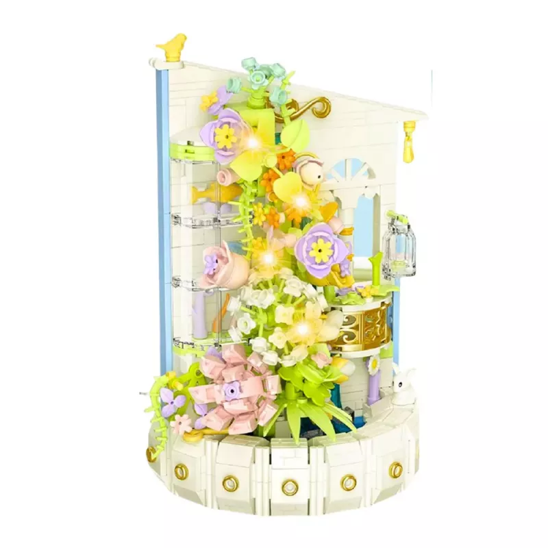 LEAN TOYS Bausteine Blumenkomposition mit LED-Leuchtturm 632 Teile