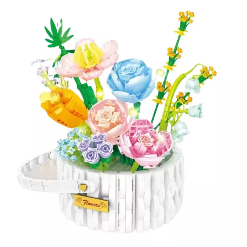 LEAN TOYS Bausteine Blumenarrangement im Korb mit LED-Lichtern 1376 Teile