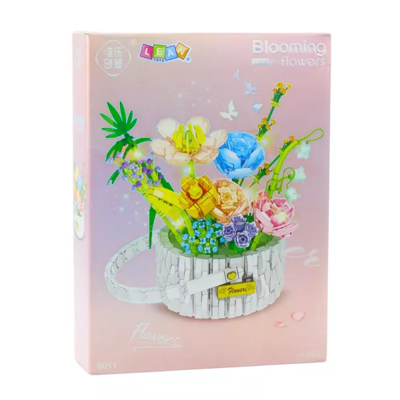 LEAN TOYS Bausteine Blumenarrangement im Korb mit LED-Lichtern 1376 Teile