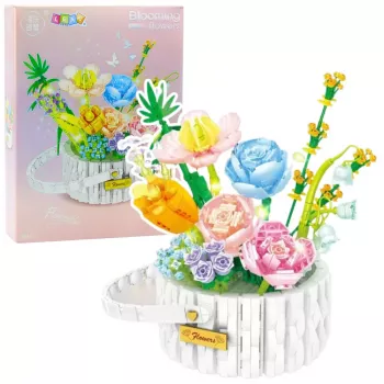 LEAN TOYS Bausteine Blumenarrangement im Korb mit LED-Lichtern 1376 Teile