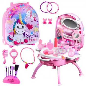 LEAN TOYS Beauty Set Schminktisch im Koffer 2 in 1 Zubehör Einhorn Pink