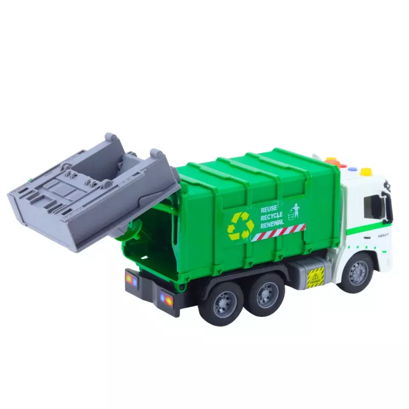 LEAN TOYS Müllwagen mit Mülltonne, Licht und Sound, Grün, Maßstab 1:16