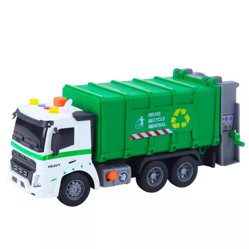 LEAN TOYS Müllwagen mit Mülltonne, Licht und Sound, Grün, Maßstab 1:16