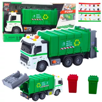LEAN TOYS Müllwagen mit Mülltonne, Licht und Sound, Grün, Maßstab 1:16