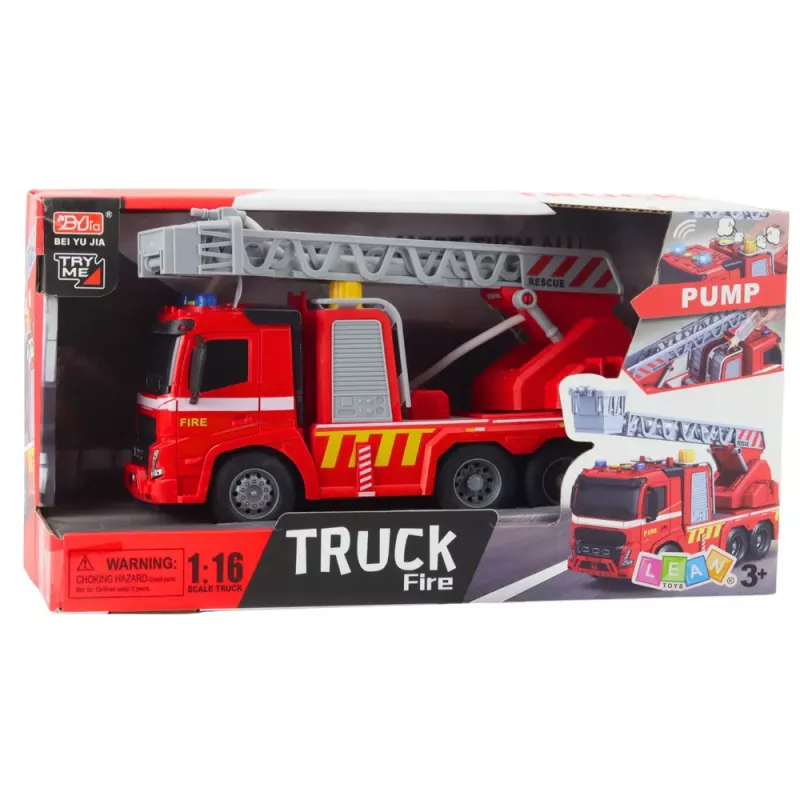LEAN TOYS Feuerwehrfahrzeug mit Leiter, Lichtern, Geräuschen, Wasserspritze 1:16