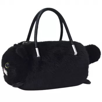 LEAN TOYS Plüsch-Katzenförmige Handtasche mit Kettenhenkeln, Schwarz