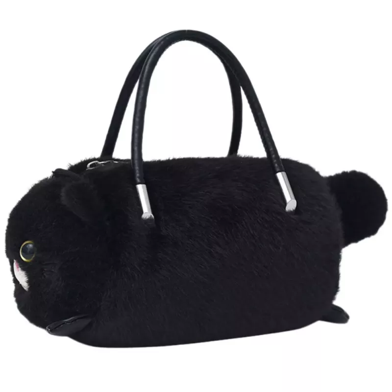 LEAN TOYS Plüsch-Katzenförmige Handtasche mit Kettenhenkeln, Schwarz