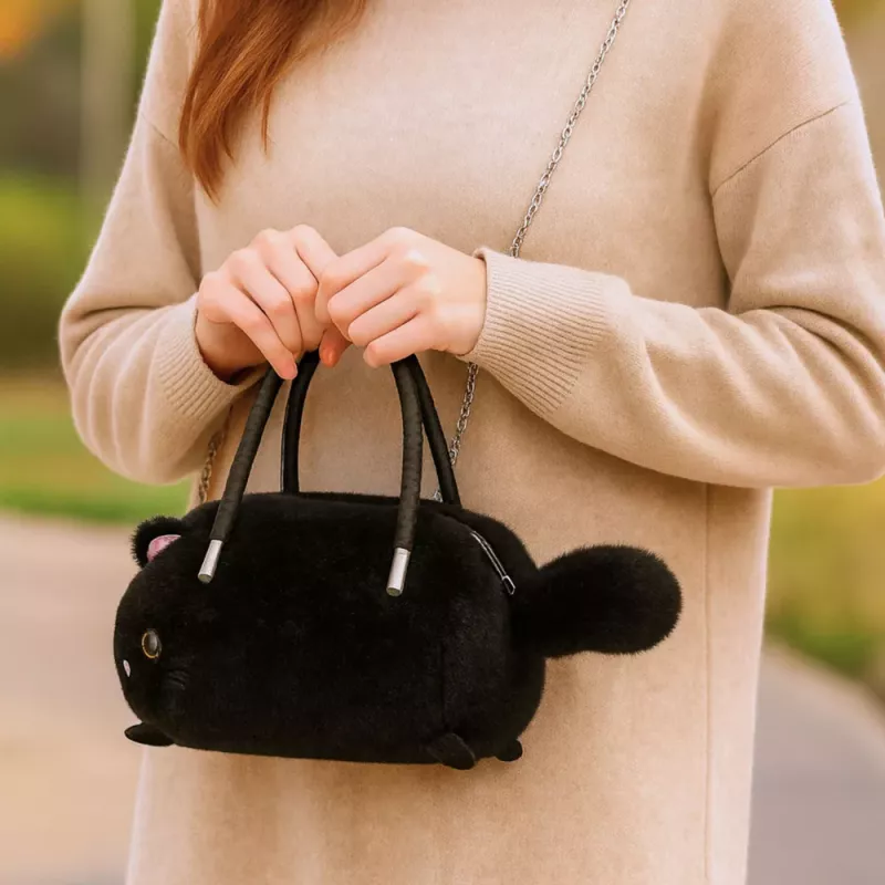 LEAN TOYS Plüsch-Katzenförmige Handtasche mit Kettenhenkeln, Schwarz