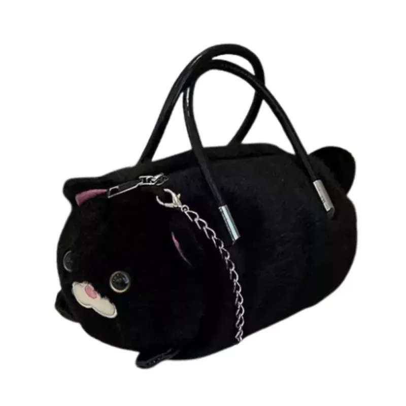 LEAN TOYS Plüsch-Katzenförmige Handtasche mit Kettenhenkeln, Schwarz
