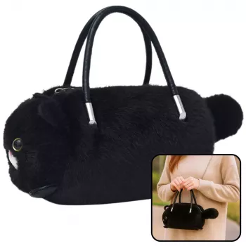 LEAN TOYS Plüsch-Katzenförmige Handtasche mit Kettenhenkeln, Schwarz