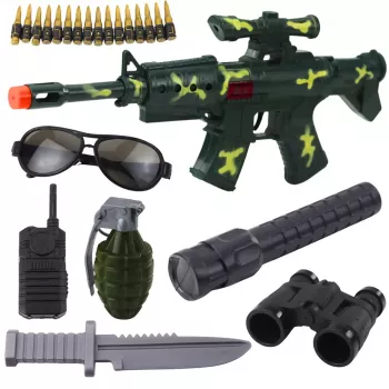 LEAN TOYS Militärgewehr-Set mit Gewehrzubehör, Schussgeräusch, Khaki