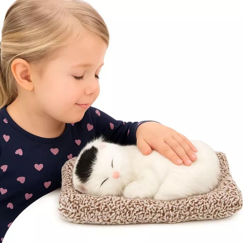 LEAN TOYS Schlafende weiße Katze auf Kissenfigur mit Fellbeutel und Geräuschen