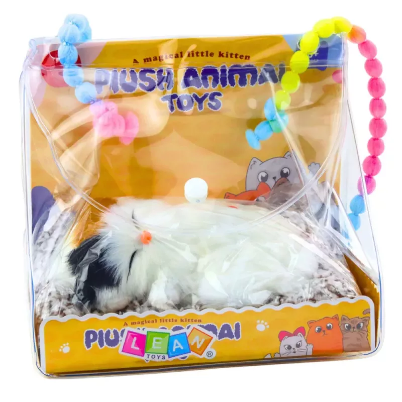 LEAN TOYS Schlafende weiße Katze auf Kissenfigur mit Fellbeutel und Geräuschen