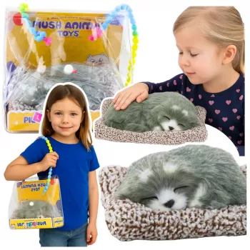 LEAN TOYS Schlafender Husky auf einem Kissen Figur mit Fellbeutel Geräuschen