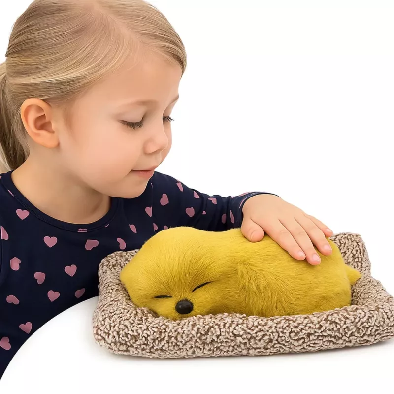 LEAN TOYS Schlafender Labrador auf Kissen Figur mit Fell Transparente Tasche Geräusche
