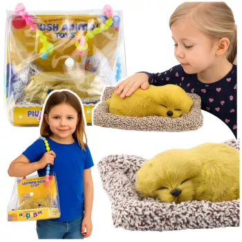 LEAN TOYS Schlafender Labrador auf Kissen Figur mit Fell Transparente Tasche Geräusche