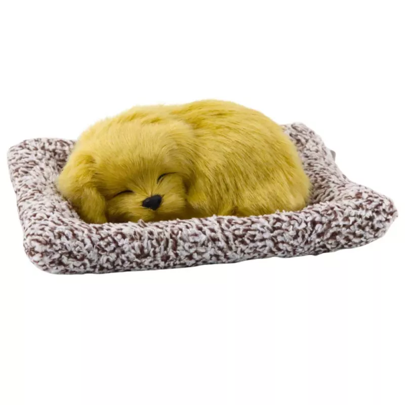 LEAN TOYS Schlafender Labrador-Welpe auf Kissenfigur mit Fell und transparenter Tasche