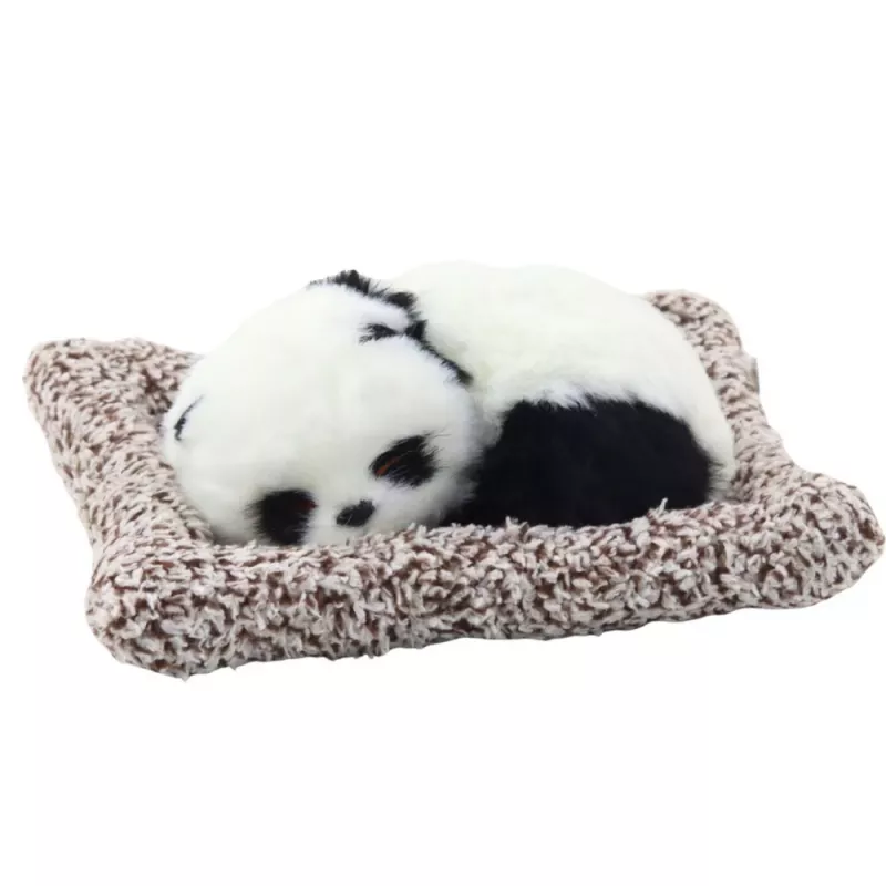 LEAN TOYS Schlafender Panda auf Kissen Figur mit Fell und durchsichtiger Tasche