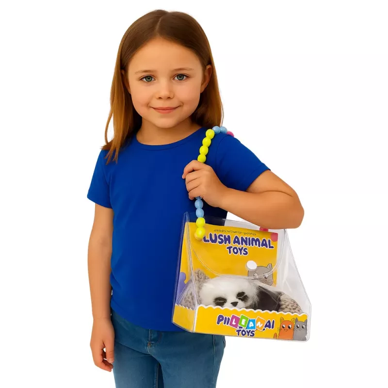 LEAN TOYS Schlafender Panda auf Kissen Figur mit Fell und durchsichtiger Tasche