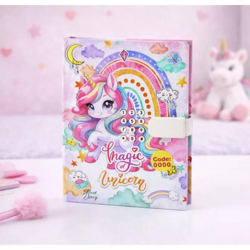 LEAN TOYS Süßes Tagebuch mit Zahlenschloss und Einhorn-Melodien, 120 Seiten, bunt linierte Seiten, Hardcover, für Mädchen ab 6 Jahren