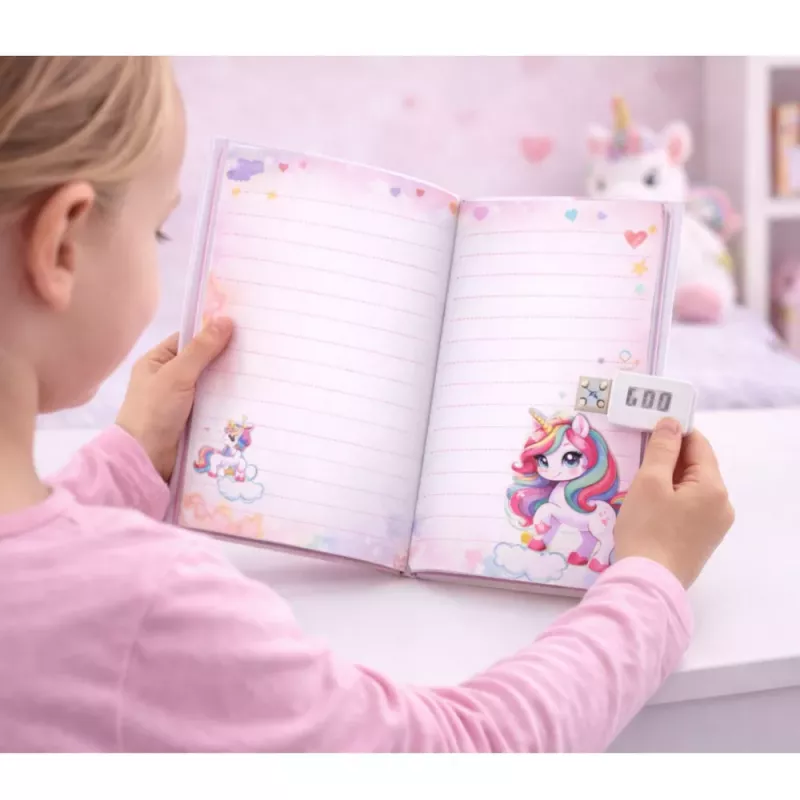LEAN TOYS Süßes Tagebuch mit Zahlenschloss und Einhorn-Melodien, 120 Seiten, bunt linierte Seiten, Hardcover, für Mädchen ab 6 Jahren