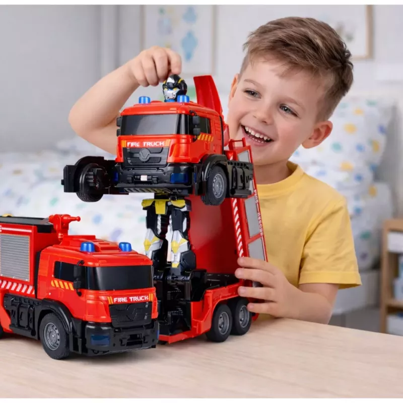 LEAN TOYS Feuerwehr Roboter Auto 2 in 1 ferngesteuert RC Lichter Geräusche Wasser