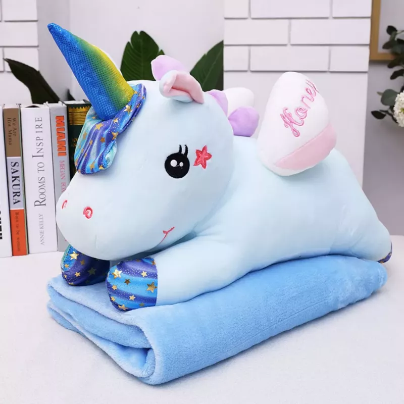 LEAN TOYS Plüsch-Einhorn Kuscheltier mit Decke 160x110cm Blau 55cm