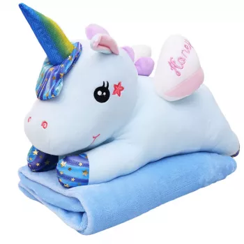 LEAN TOYS Plüsch-Einhorn Kuscheltier mit Decke 160x110cm Blau 55cm
