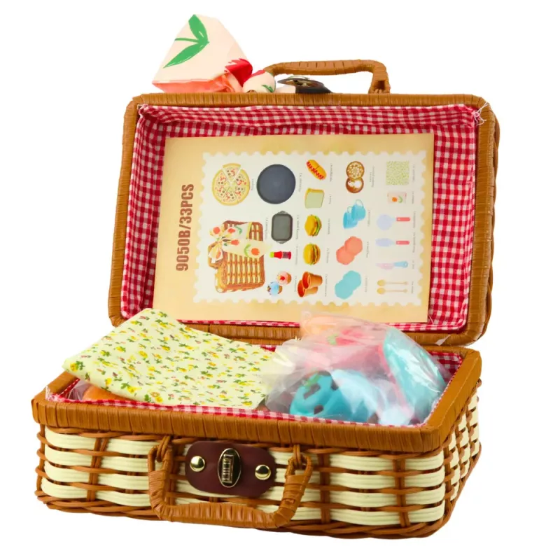 LEAN TOYS Picknickkorb-Set geflochtene Lebensmittelzubehör 33-teilig
