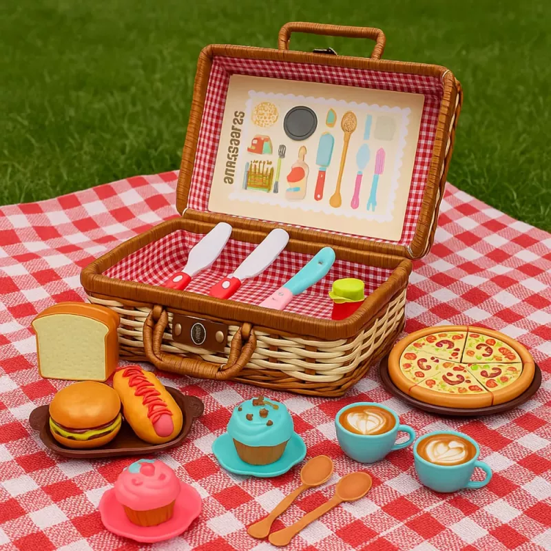 LEAN TOYS Picknickkorb-Set geflochtene Lebensmittelzubehör 33-teilig