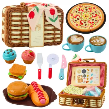 LEAN TOYS Picknickkorb-Set geflochtene Lebensmittelzubehör 33-teilig