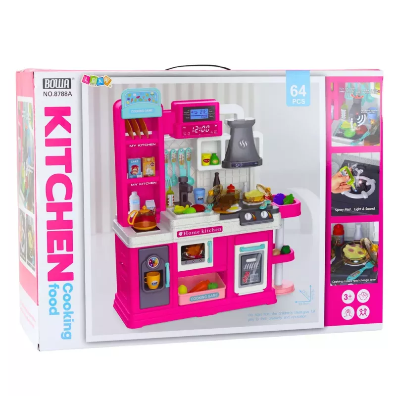 LEAN TOYS Kinderküche Wasserzyklus farbwechselndes Essen Dampf Rosa 64 Teile