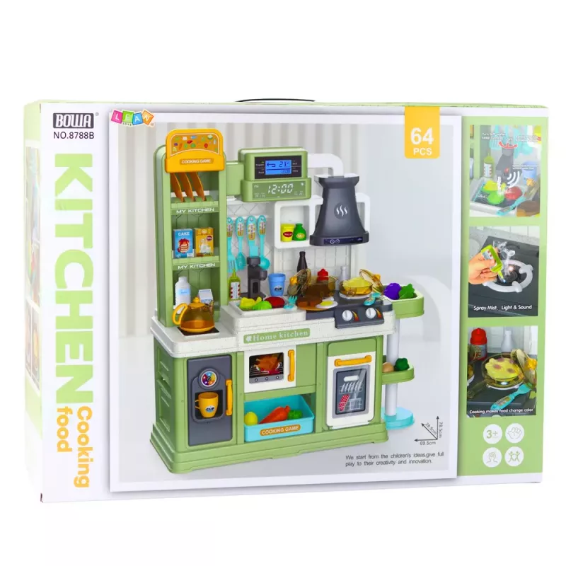 LEAN TOYS Kinderküche Wasserzyklus Lebensmittel farbwechselnd Dampf Grün 64 Teile